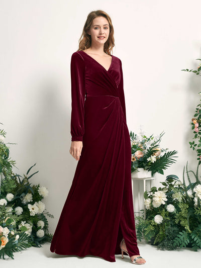 Carlyna Renata Mermaid Burgundy Velvet Bridesmaid Dress Maxi Long Sleeve V-Neck  #color_burgundy