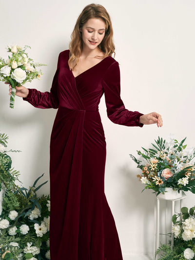 Carlyna Renata Mermaid Burgundy Velvet Bridesmaid Dress Maxi Long Sleeve V-Neck  #color_burgundy