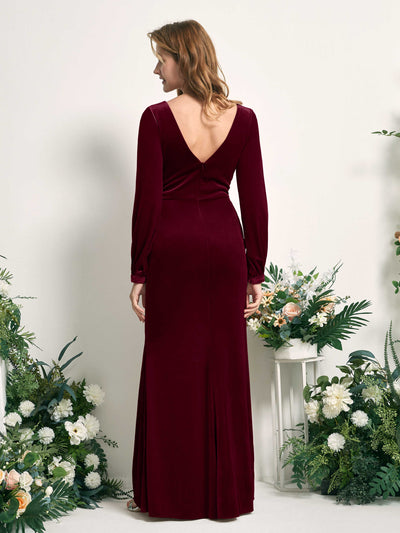 Carlyna Renata Mermaid Burgundy Velvet Bridesmaid Dress Maxi Long Sleeve V-Neck  #color_burgundy