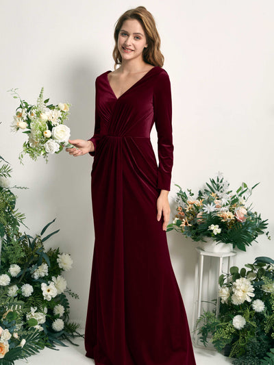 Carlyna Ophelia Mermaid Burgundy Velvet Bridesmaid Dress Maxi Long Sleeve V-Neck  #color_burgundy