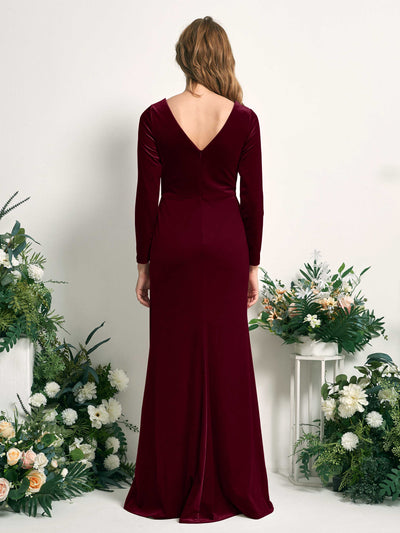 Carlyna Ophelia Mermaid Burgundy Velvet Bridesmaid Dress Maxi Long Sleeve V-Neck  #color_burgundy