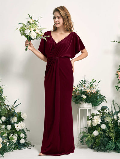 Carlyna Wanda Mermaid Burgundy Velvet Bridesmaid Dress Maxi Cap Sleeve V-Neck Dress #color_burgundy