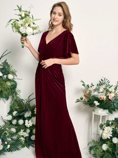 Carlyna Wanda Mermaid Burgundy Velvet Bridesmaid Dress Maxi Cap Sleeve V-Neck Dress #color_burgundy