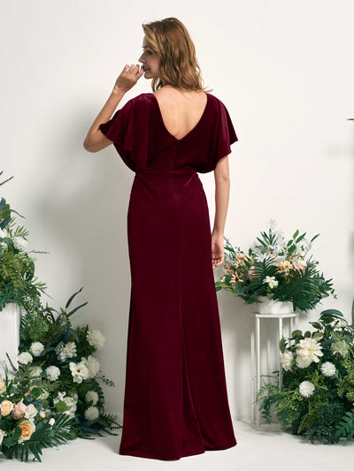 Carlyna Wanda Mermaid Burgundy Velvet Bridesmaid Dress Maxi Cap Sleeve V-Neck Dress #color_burgundy