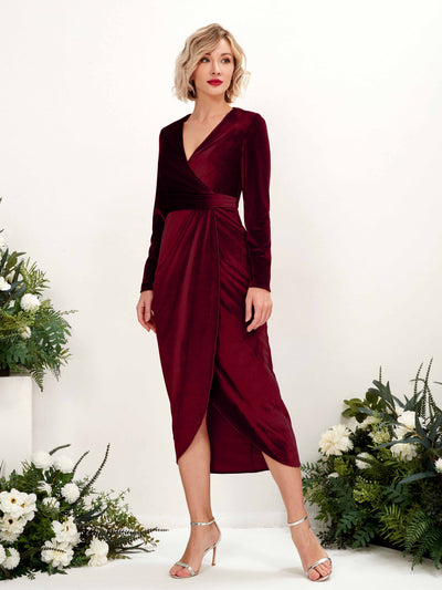 Carlyna Jenny Sheath Burgundy Velvet Bridesmaid Dress Midi Long Sleeve V-Neck  #color_burgundy