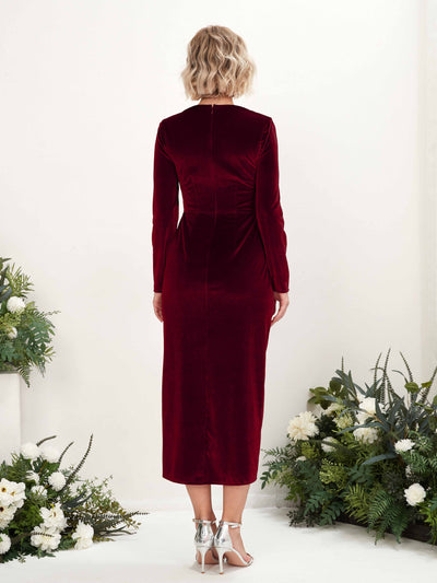 Carlyna Jenny Sheath Burgundy Velvet Bridesmaid Dress Midi Long Sleeve V-Neck  #color_burgundy