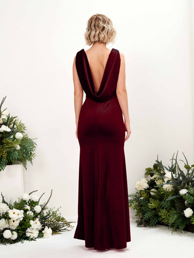 Carlyna Audrey Mermaid Burgundy Velvet Bridesmaid Dress Maxi Sleeveless V-Neck Dress Back View #color_burgundy