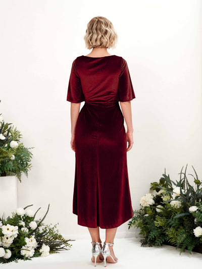 Carlyna Susie Sheath Burgundy Velvet Bridesmaid Dress Midi Half Sleeve V-Neck Dress #color_burgundy
