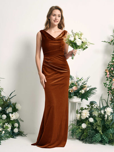 Carlyna Pearl Mermaid Burant Orange Velvet Bridesmaid Dress Maxi Sleeveless V-Neck Dress #color_burant-orange