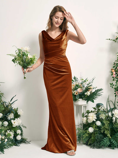 Carlyna Pearl Mermaid Burant Orange Velvet Bridesmaid Dress Maxi Sleeveless V-Neck Dress #color_burant-orange