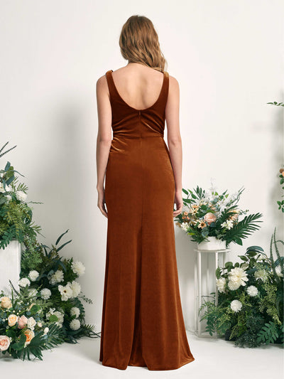 Carlyna Pearl Mermaid Burant Orange Velvet Bridesmaid Dress Maxi Sleeveless V-Neck Dress #color_burant-orange