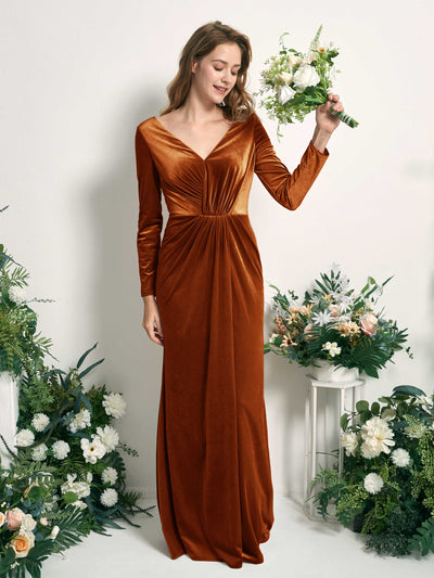 Carlyna Ophelia Mermaid Burant Orange Velvet Bridesmaid Dress Maxi Long Sleeve V-Neck  #color_burant-orange