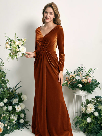 Carlyna Ophelia Mermaid Burant Orange Velvet Bridesmaid Dress Maxi Long Sleeve V-Neck  #color_burant-orange