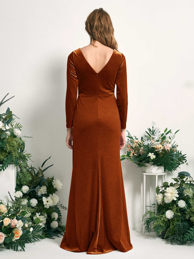 Carlyna Ophelia Mermaid Burant Orange Velvet Bridesmaid Dress Maxi Long Sleeve V-Neck  #color_burant-orange