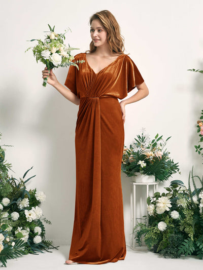 Carlyna Wanda Mermaid Burant Orange Velvet Bridesmaid Dress Maxi Cap Sleeve V-Neck Dress #color_burant-orange