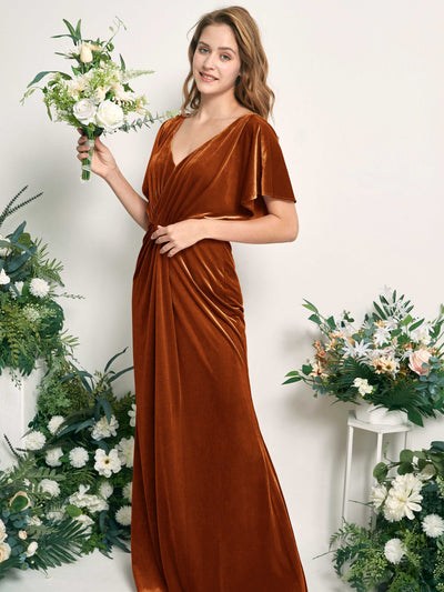 Carlyna Wanda Mermaid Burant Orange Velvet Bridesmaid Dress Maxi Cap Sleeve V-Neck Dress #color_burant-orange