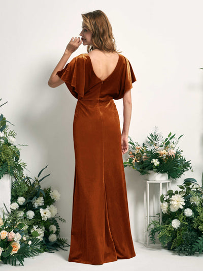 Carlyna Wanda Mermaid Burant Orange Velvet Bridesmaid Dress Maxi Cap Sleeve V-Neck Dress #color_burant-orange