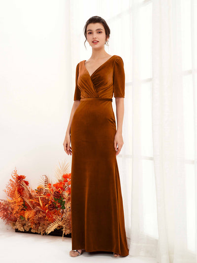 Carlyna Flora Sheath Burant Orange Velvet Bridesmaid Dress Maxi Half Sleeve V-Neck Dress Front View #color_burant-orange