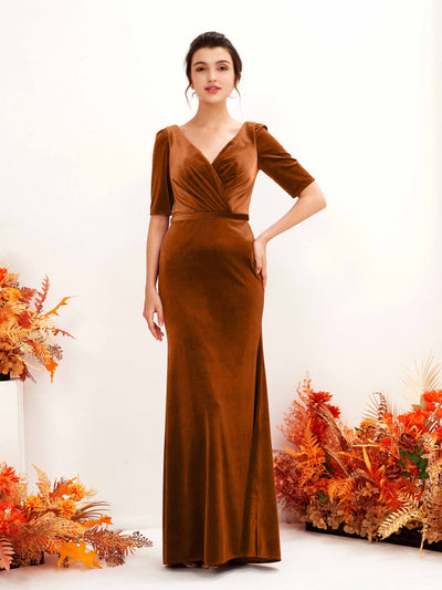 Carlyna Flora Sheath Burant Orange Velvet Bridesmaid Dress Maxi Half Sleeve V-Neck Dress Side View 2 #color_burant-orange