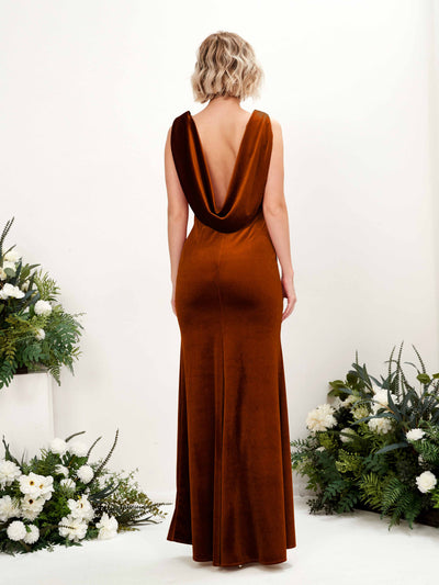 Carlyna Audrey Mermaid Burant Orange Velvet Bridesmaid Dress Maxi Sleeveless V-Neck Dress Back View #color_burant-orange
