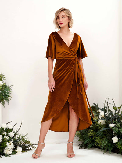 Carlyna Susie Sheath Burant Orange Velvet Bridesmaid Dress Midi Half Sleeve V-Neck Dress #color_burant-orange