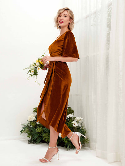 Carlyna Susie Sheath Burant Orange Velvet Bridesmaid Dress Midi Half Sleeve V-Neck Dress #color_burant-orange