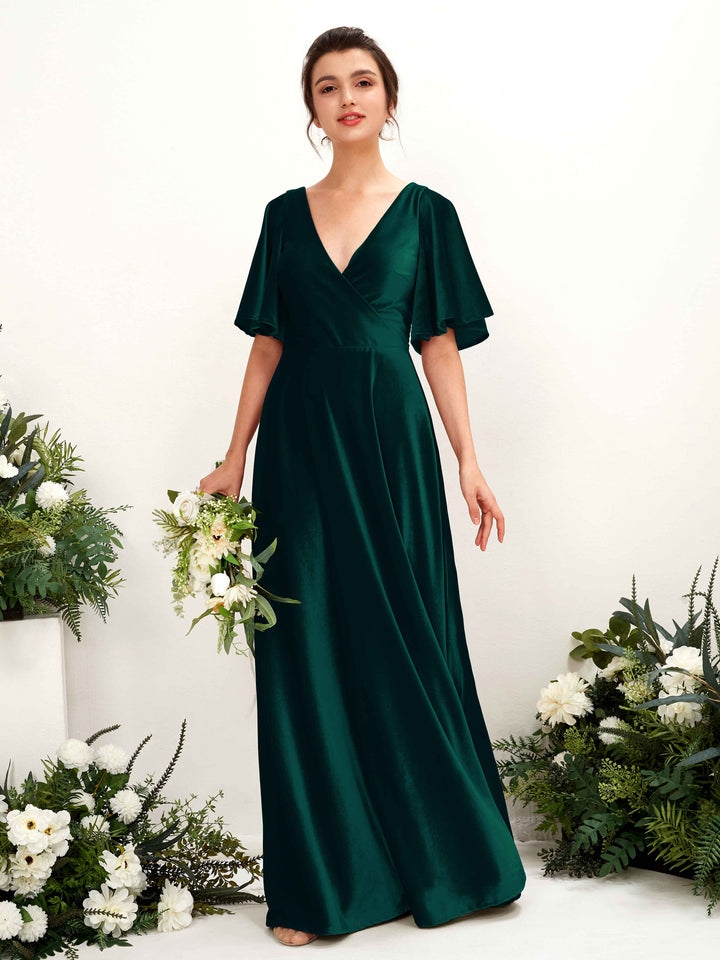 Hunter Green Bridesmaid Dresses Bridesmaid Dress A-line Velvet V-neck Full Length Short Sleeves Wedding Party Dress (80224027)
