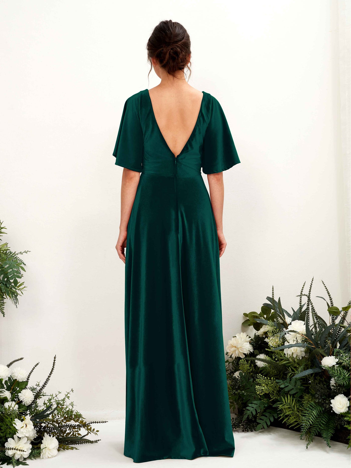 Hunter Green Bridesmaid Dresses Bridesmaid Dress A-line Velvet V-neck Full Length Short Sleeves Wedding Party Dress (80224027)#color_hunter-green