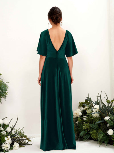 Carlyna Janet A-Line Hunter Green Velvet Bridesmaid Dress Maxi Short Sleeve V-Neck Dress Back View #color_hunter-green
