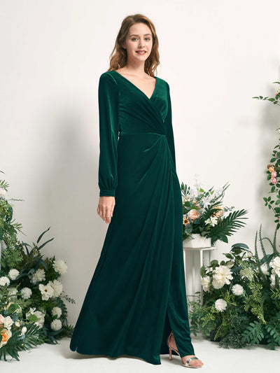 Carlyna Renata Mermaid Hunter Green Velvet Bridesmaid Dress Maxi Long Sleeve V-Neck  #color_hunter-green
