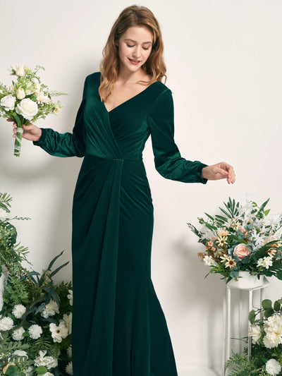 Carlyna Renata Mermaid Hunter Green Velvet Bridesmaid Dress Maxi Long Sleeve V-Neck  #color_hunter-green