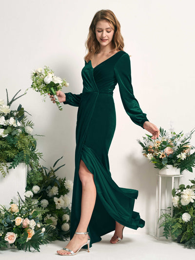 Carlyna Renata Mermaid Hunter Green Velvet Bridesmaid Dress Maxi Long Sleeve V-Neck  #color_hunter-green