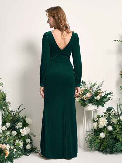 Carlyna Renata Mermaid Hunter Green Velvet Bridesmaid Dress Maxi Long Sleeve V-Neck  #color_hunter-green