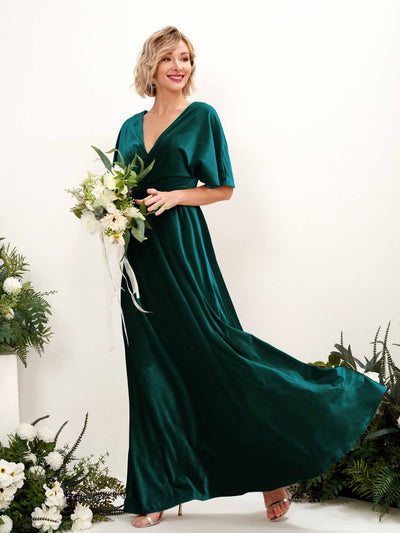 Carlyna Erica A-Line Hunter Green Velvet Bridesmaid Dress Maxi Short Sleeve V-Neck Dress Front View #color_hunter-green