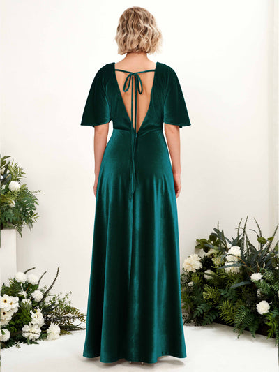 Carlyna Erica A-Line Hunter Green Velvet Bridesmaid Dress Maxi Short Sleeve V-Neck Dress Back View #color_hunter-green