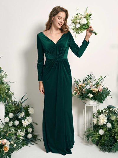 Carlyna Ophelia Mermaid Hunter Green Velvet Bridesmaid Dress Maxi Long Sleeve V-Neck  #color_hunter-green