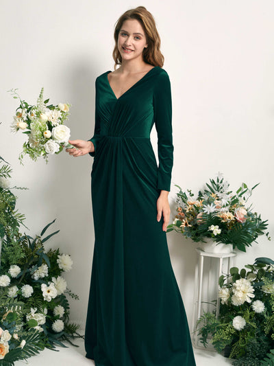 Carlyna Ophelia Mermaid Hunter Green Velvet Bridesmaid Dress Maxi Long Sleeve V-Neck  #color_hunter-green