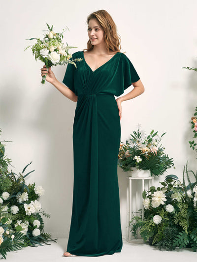 Carlyna Wanda Mermaid Hunter Green Velvet Bridesmaid Dress Maxi Cap Sleeve V-Neck Dress #color_hunter-green