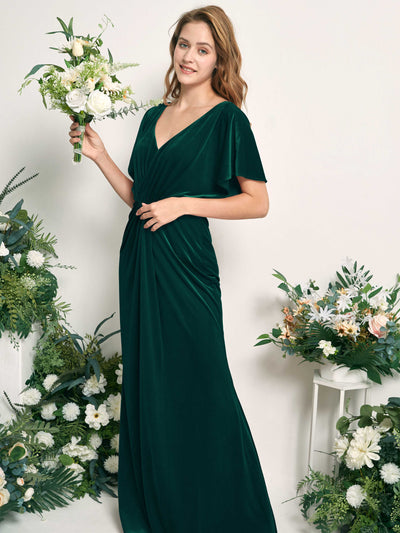 Carlyna Wanda Mermaid Hunter Green Velvet Bridesmaid Dress Maxi Cap Sleeve V-Neck Dress #color_hunter-green