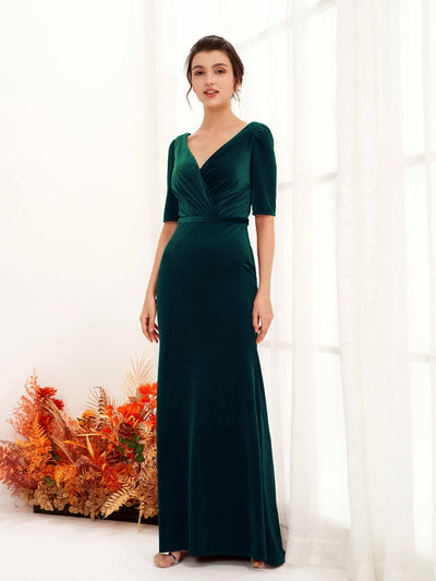 Carlyna Flora Sheath Hunter Green Velvet Bridesmaid Dress Maxi Half Sleeve V-Neck Dress Front View #color_hunter-green