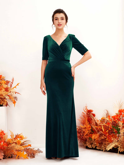 Carlyna Flora Sheath Hunter Green Velvet Bridesmaid Dress Maxi Half Sleeve V-Neck Dress Side View 2 #color_hunter-green