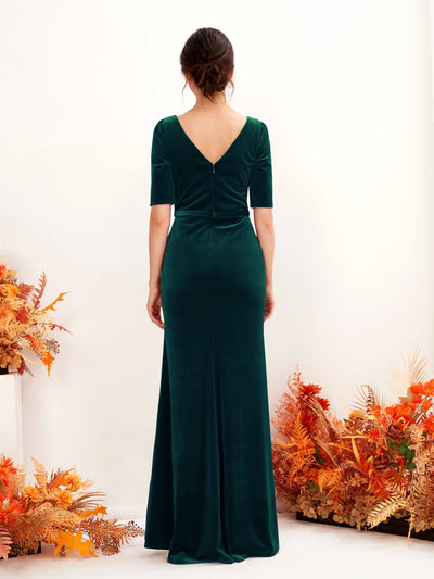 Carlyna Flora Sheath Hunter Green Velvet Bridesmaid Dress Maxi Half Sleeve V-Neck Dress Back View #color_hunter-green
