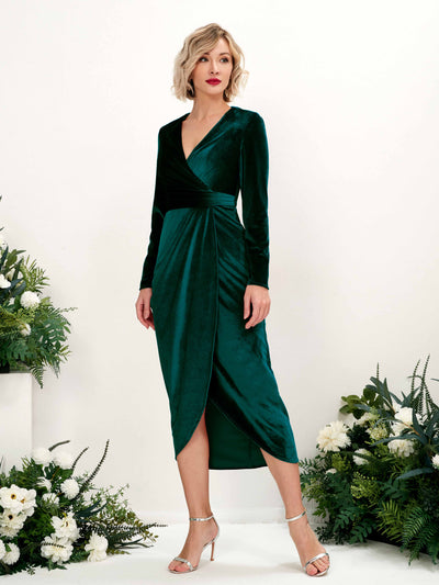 Carlyna Jenny Sheath Hunter Green Velvet Bridesmaid Dress Midi Long Sleeve V-Neck  #color_hunter-green