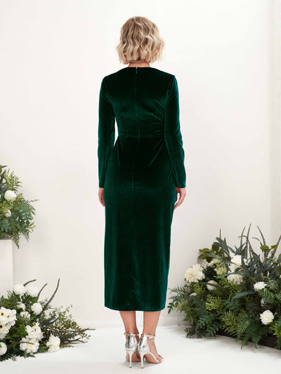 Carlyna Jenny Sheath Hunter Green Velvet Bridesmaid Dress Midi Long Sleeve V-Neck  #color_hunter-green
