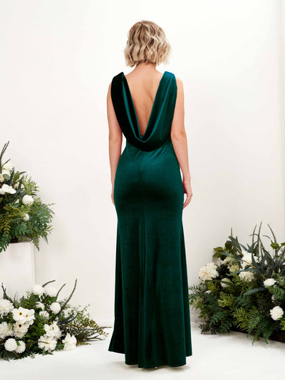 Carlyna Audrey Mermaid Hunter Green Velvet Bridesmaid Dress Maxi Sleeveless V-Neck Dress Back View #color_hunter-green