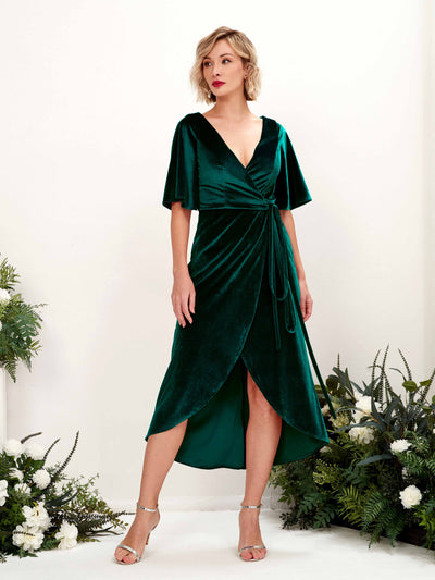 Carlyna Susie Sheath Hunter Green Velvet Bridesmaid Dress Midi Half Sleeve V-Neck Dress #color_hunter-green