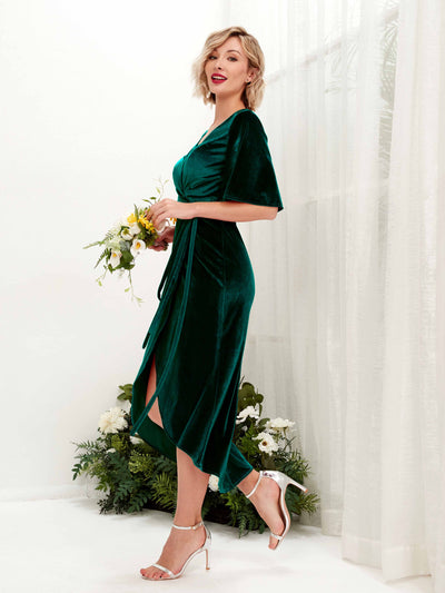 Carlyna Susie Sheath Hunter Green Velvet Bridesmaid Dress Midi Half Sleeve V-Neck Dress #color_hunter-green