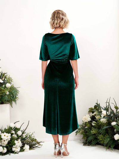 Carlyna Susie Sheath Hunter Green Velvet Bridesmaid Dress Midi Half Sleeve V-Neck Dress #color_hunter-green