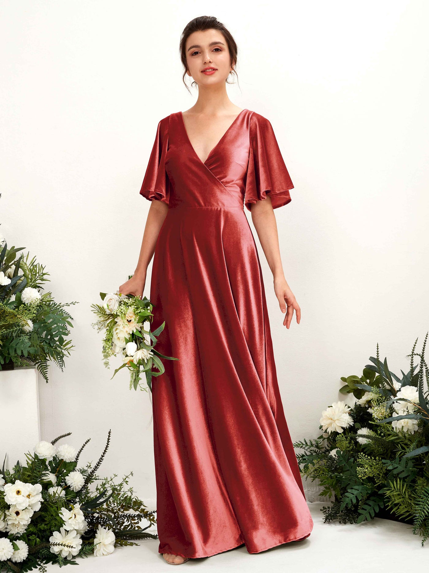 Dusty Rose Bridesmaid Dresses Bridesmaid Dress A-line Velvet V-neck Full Length Short Sleeves Wedding Party Dress (80224031)#color_dusty-rose