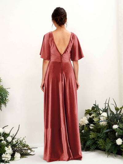 Carlyna Janet A-Line Dusty Rose Velvet Bridesmaid Dress Maxi Short Sleeve V-Neck Dress Back View #color_dusty-rose